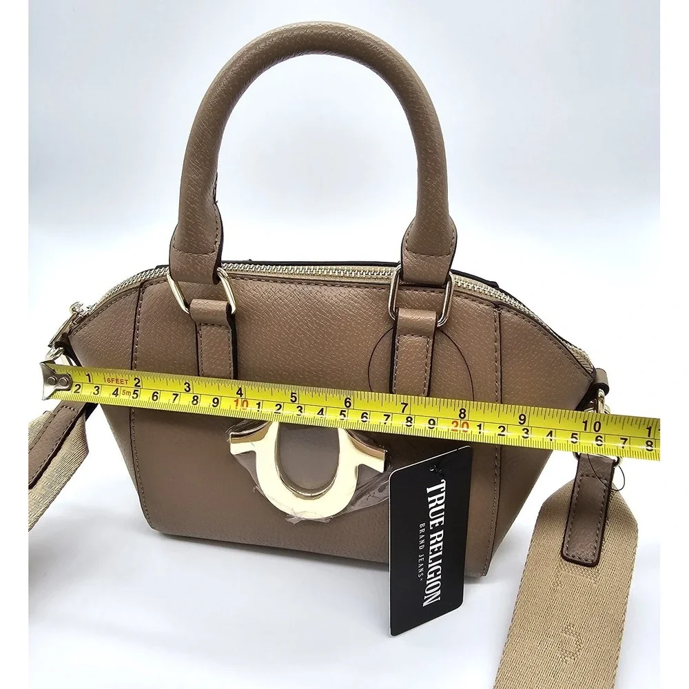 NWT True Religion Taupe Satchel Handbag Crossbody Purse Gold Logo MSRP $109
